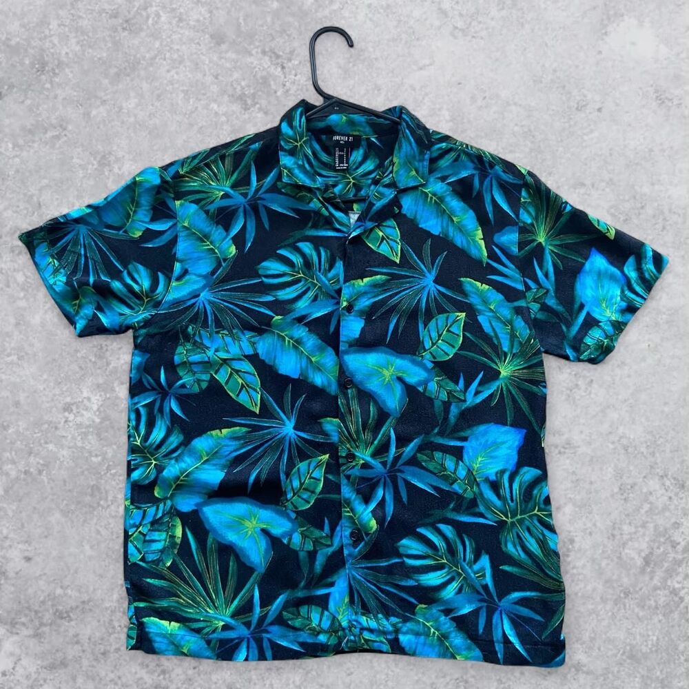 Forever 21 Blue, Green, Black, and Teal Tropical Men's Button Up